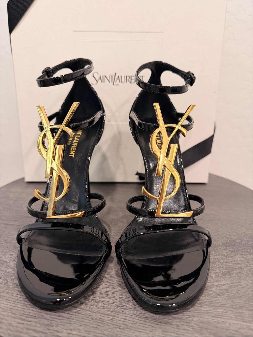 Saint Laurent Cassandra 90 Patent Leather Sandals Black Gold YSL 38.5